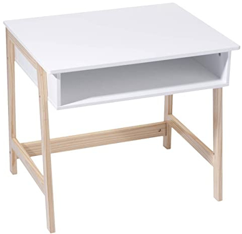 ATMOSPHERA CREATEUR D'INTERIEUR ATM-127242 Atmosphera-Scrivania Bambini, Pratica astuta, Stile scandinavo, Colore: Bianco Legno Naturale, massello (Pino) e Fibra (MDF), 58 x l.52 x H. 46 cm