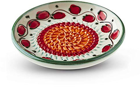 Garlic Grater Plate. (#Ref 23). Handmade and Hand Painted in Cordoba, Spain. White Plate with Orange and Red Circle and Green Rim, Daisy Chain Pattern.