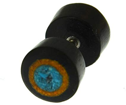 CHICNET Faux plug en bois avec incrustation en acier inoxydable et pierres turquoises écrasées - Unisexe - Pour homme et femme - Noir, marron rouge, jaune, bleu, Bois