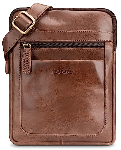 LEABAGS Leder Umhängetasche Herren & Damen I Messenger Bag mit Schultergurt I Schultertasche I Arbeitstasche I Tragetasche I Handtasche I Echtleder Tasche I Vintage Cognac