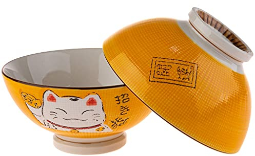 lachineuse - 2 Bols à Soupe ou à Ramen - Design Maneki Neko - Colori Jaune - Bols Multi-Usage - Porcelaine - Décoration Japonaise - Idée Cadeau Japon Asie