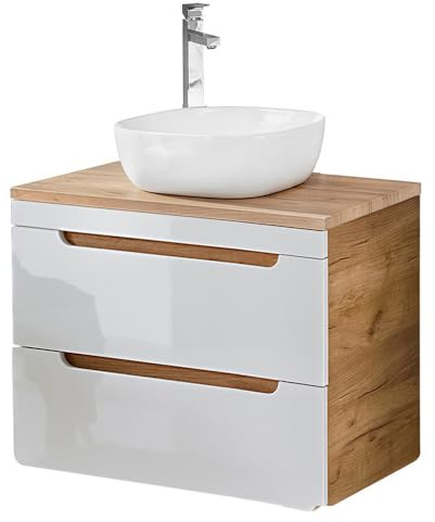 Lomadox Waschtischunterschrank 80 cm mit 42 cm Keramik-Waschbecken LUTON-56 in Hochglanz weiß mit Wotan Eiche Nb., B/H/T ca. 81/76,5/46 cm