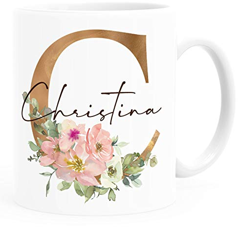 SpecialMe® Kaffee-Tasse mit Namen personalisiert Anfangsbuchstabe Initiale Monogram Blumen persönliche Geschenke weiß Keramik-Tasse