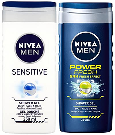 Nivea MEN Shower Gel Twin Set SENSITIVE & POWER FRESH Body, Face & Hair Wash 2 x 250ml Exclusive Selection from Kingdom Supplies.