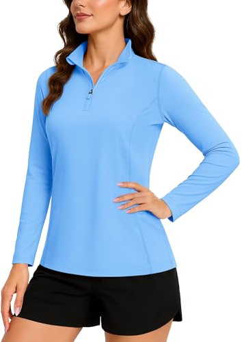 TACVASEN Camiseta de manga larga para mujer con protección UV UPF 50+ con cremallera 1/4 camiseta rash guard, azul, L