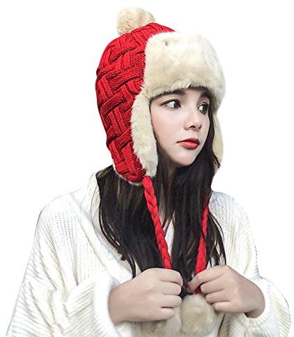 ITODA Mütze Damen Strick Wintermütze mit Ohrenklappen Trappermütze Kunstpelz Strickmütze Winter Winddicht Bommelmütze Mädchen Warm Pelzmütze Ohrenschützer Trapper Fliegermütze Outdoor Ski Geschenk