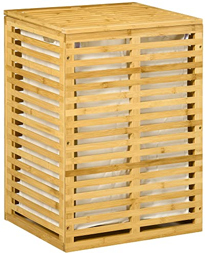 HOMCOM Panier à linge en bambou avec sac en tissu amovible et couvercle - 44 x 37 x 62,5 cm Bois Naturel
