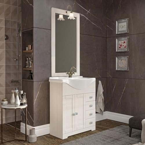 Mobile bagno a terra retrò 75 cm bianco decapè in legno, lavabo in ceramica e specchiera 50x100 con cornice e lampada in ottone, ROMANTICA