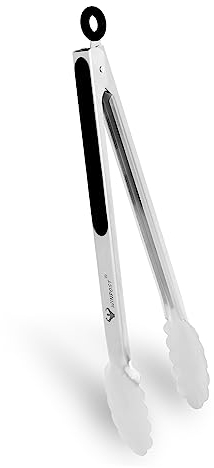 WINPOST Pinze da cucina in acciaio inox, 34 cm, manico antiscivolo resistente al calore, ideale per cucinare, insalata, grigliare e barbecue (34 cm, nero)