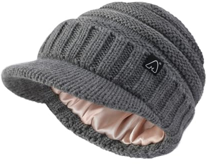 Hat Hut Beanie Damen Herren Satin gefütterte Wintermützen für Frauen Slouchy Beanies Satin gefütterte Beanie mit Krempe Visier