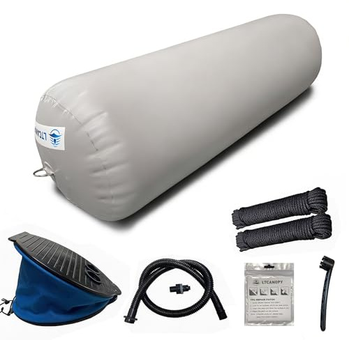 LTCANOPY Heavy Duty Inflatable Boat Fender, 27x45 Boat Bumper for Docking, Yachts, Sailing Docks, PVC Gray Fender for Boat Comes with Double Braided Nylon Dock Line, Foot Pump