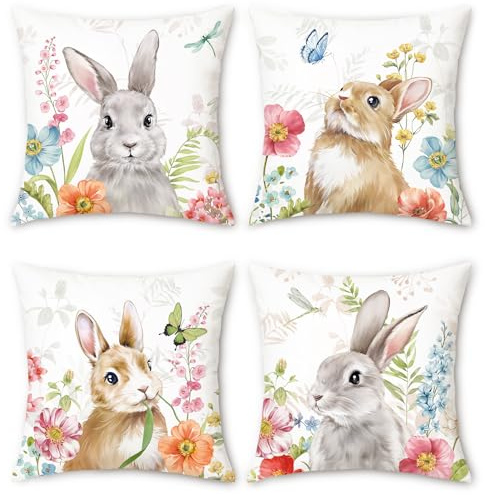 Bonhause 4er Set Kissenbezüge Blumen Hase 45 x 45 cm Grau Braun Kaninchen Dekorative Kissenhülle Zierkissenbezüge für Sofa Schlafzimmer Zuhause Garten Ostern Dekoration