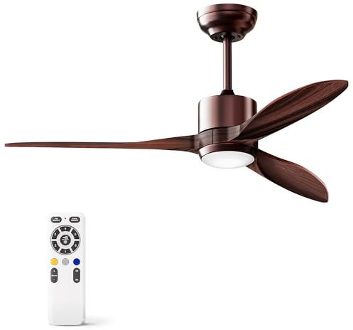 HOOLED ventilateur plafond avec lumiere DC Moteur sans balais, 3 pales en bois 127 cm, 6 vitesses réglables, éclairage LED réglable en 3 couleurs