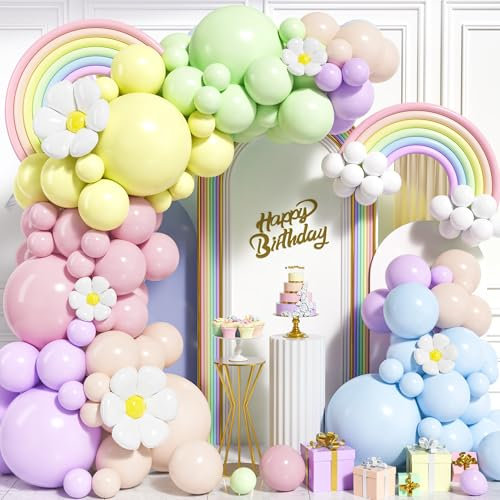 Kit Arco Palloncini Pastello, 117 Pezzi Ghirlanda Palloncini Arcobaleno con Palloncini Margherita per Ragazza Donna Compleanno Baby Shower Nozze Anniversario Festa Decorazione