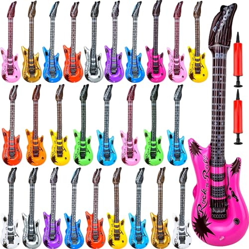 28 Pack Inflatable Guitar Blow up Guitar Bulk Inflatable Fake Party Guitar Prop Inflatable Rock Star Guitars for 80s 90s Themed Carnival Birthday Party Favor, 12 Colors