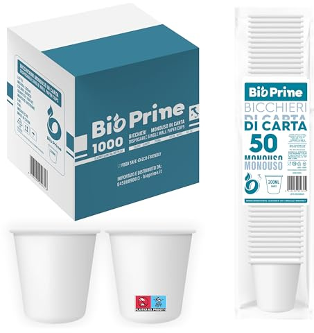 1000 piezas - Vasos de papel para agua de 200 ml - Vasos biodegradables de 200 ml - Para bebidas calientes, agua y refrescos - Vasos desechables.