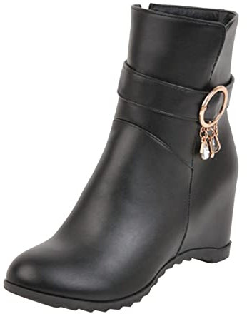 Sexy 42 Rhinestone hebilla de cinturón decorativa tacón cuña cremallera lateral botas ropa de caza damas, Negro , 37 EU