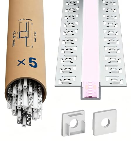 GEEKLUX 5 x LED Alu Profil für LED Streifen 2m, Led Schiene für Trockenbau, Für Stripes bis 12 mm Breite oder Zwei LED Stripes, Mit Diffusor aus Halbtransparentem PC - 55.5 x 14.9mm
