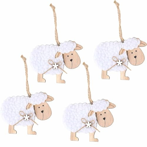 4 Stücke Anhänger Ostern Schafe aus Holz und Filz, 7cm Osterschäfchen mit Schnur Ostern Deko, Holz Osteranhänger weiß Schaf Figuren für Draußen Tischdeko Garten Deko(weiß 4pcs)