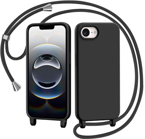 AOMYKE Handyhülle für iPhone 16e / iPhone 17e Hülle mit Band, Handyband iPhone 16E / iPhone 17E Hülle zum Umhängen Schutzhülle mit Kette Kordel Weich TPU Liquid Silikon Case, Schwarz