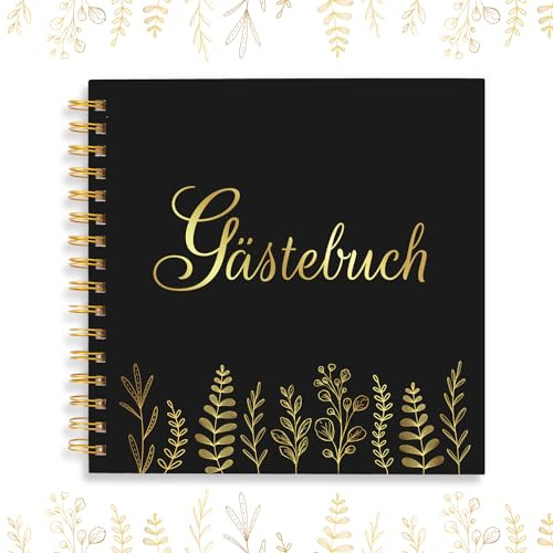 LOHAME Gästebuch Hochzeit Geburtstag Schwarz Gold 42.5 x 21cm | Eukalyptus Erinnerungsbuch Hochzeit Erinnerung Album Hochzeitsgeschenk für Jubiläen Jugendweihe (60 Seiten)