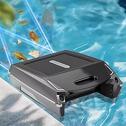 Skimmer automatico per piscina con pannello solare e motori gemelli per una pulizia efficiente delle superfici, ideale per mantenere pulita l'acqua della piscina