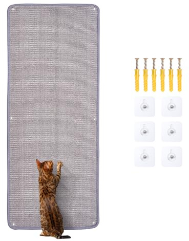 Novelfun 1 Stück Grau Sisal Kratzmatte 40x100CM Kratzschutz für Wand Sofa | Natürliche Sisal, Rutschschutz, Katzenkratzmatte für Katze, Schutz für Sofa, Möbel und Hauswände, selbstklebend & schraubbar