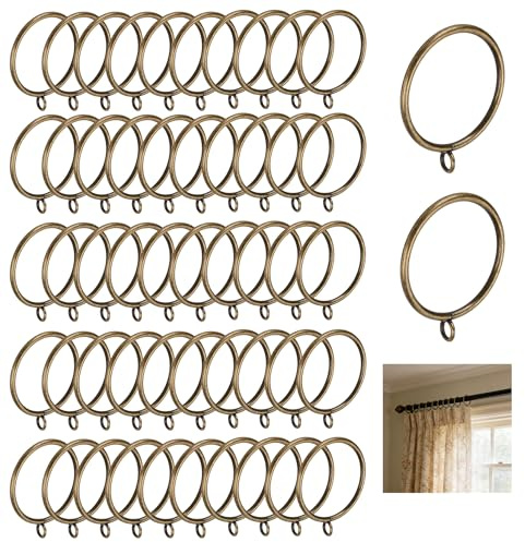 WENLISELL 50 PCS Brass Curtain Rings 50mm, Curtain Rail Rings Brass | With Eyelet for Hooks, Metal Curtains Hoops Rod Ring, For Window Door Shower Hanging