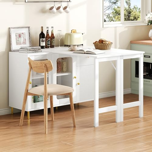 LZPUOUI Buffet Cuisine Blanc Extensible 116 Cm, Plateau Rabattable 122 x 80 Cm, Rangement avec Portes Coulissantes en Verre, Meuble avec Table Intégrée pour Cuisine Salle À Manger Salon