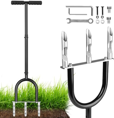 Manual Lawn Aerator Tool, Hollow Tines Plug Lawn Core Aerator, Heavy Duty Hand Soil Aerator Tool with Adjustable Handle, Grass Aeration Garden Tools for Lawn Care, Compacted Soil, Yard