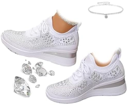 Women's Glittery Rhinestone Fashion Breathable Wedge Sneakers, Bling Sneakers for Women Rhinestones, Orthopedic Bling Sparkly Wedding Dressy Knitted Tennis Shoes