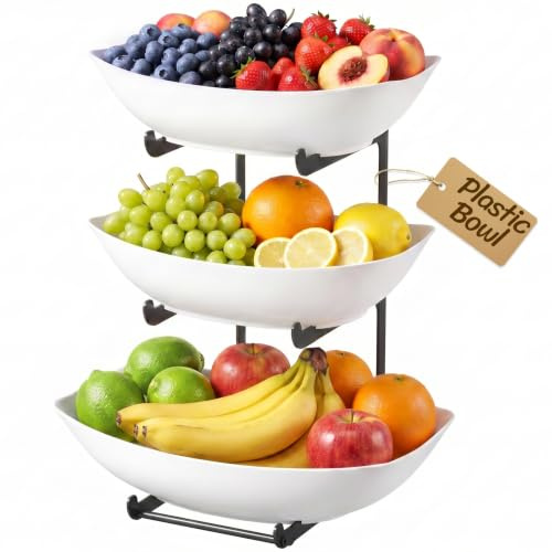 Lifewit Large Fruit Bowl, 3 Tier Fruit Holder for Kitchen Countertop, Plastic Food Basket with Metal Stand Serving Tray for Food, Large Capacity Snack Cake Berry Storage Rack in Party, White and Black