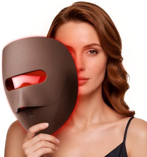 VRAIKO 9D LED-ansiktsmask | Röd ljusterapimask med 4 lägen, 328 lysdioder, 3D-luftflödesdesign och ljuslås för ultrakomfort ansiktsspa | Premium skönhetsgåvor för kvinnor män (Brun)