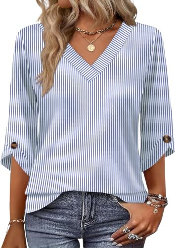 OFEEFAN 3/4 Sleeve Womens Tops V Neck T Shirts Button Blouse Summer Tops Basic Blouses Casual