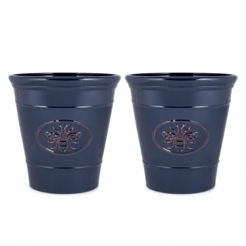 PACK OF 2 Decorative Bee Garden Planter – Gloss Finish Outdoor Plastic Plant Pot for Flowers, Herbs, Shrubs & Small Trees, Frost Proof, Weather Resistant with Drainage Hole, Blue, 14 Litre