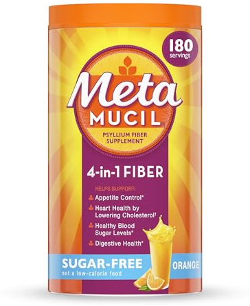 Metamucil 4-in-1 Psyllium Husk GLP-1 Friendly Fiber Supplement, Sugar-Free, 180 teaspoons, Orange Flavored, Daily Fiber Powder for Digestive Health, made with Plant-Based Psyllium Husk Fiber
