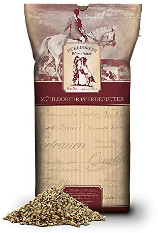 Mühldorfer Happy Mash - Nourriture sans Avoine - 15 kg - Savoureuse - Diverses huiles essentielles à Base de Plantes - Stimulation du métabolisme - Nourriture pour Tous Les Chevaux et poneys