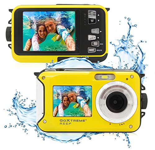 GoXtreme Reef Unterwasserkamera mit Zwei Displays, wasserfest bis 3 m, bis zu 24 MP Auflösung, 4X Digital-Zoom, 8 MP Sensor, Gelb