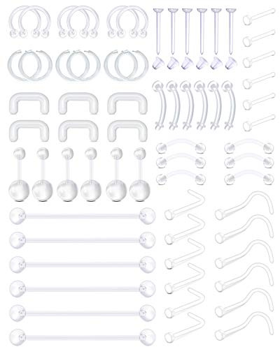 AceFun 66 Piezas Retenedor de Piercing Transparente Piercing Flexible Labio Oreja Nariz Septum Ceja Pezón Cartílago Anillos Retenedor de Trago Bioflex Flexible Industrial Barbell