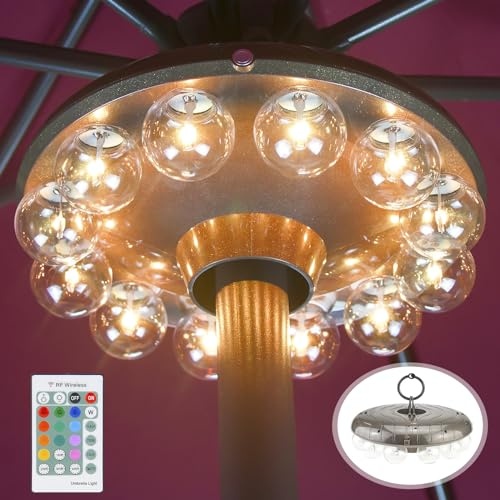 LUXSWAY Umbrella Lights Battery Operated,12 Color Changing Outdoor Patio Umbrella Light for Pole with 80Ft Remote,12 Clear Bulb 48 LEDs,4 Modes,4 Timer Option,Umbrella Hanging Light for Camping,BBQ