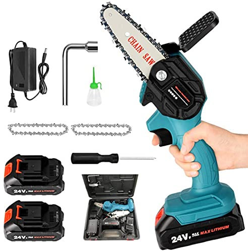 Mini tronçonneuse sans fil de 4 pouces - Mini tronçonneuse manuelle avec batterie et chargeur - Scie électrique à une main - Pour le travail du bois - Pour arbre de jardin… (2 * Batterie, Bleu)