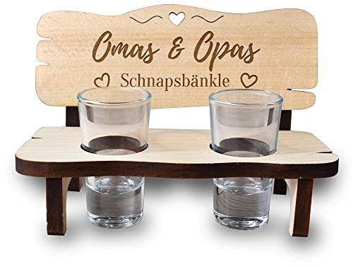 Schnapsbank mit Gravur für Oma & Opa - Motiv Schnapsbänkle - Holzbank mit 2 Schnapsgläser - nachhaltig und robust - Großeltern, Grandparents - Geschenk für Geburtstag, Weihnachten, Jubiläum