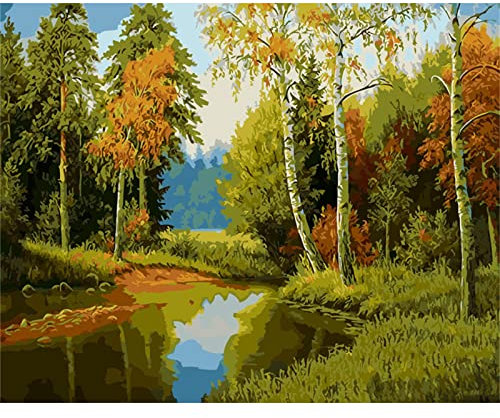 Wald-Fluss-Landschaft Malen nach Zahlen,DIY Handgemalt Ölgemälde Malerei auf Leinwand Kinder Anfänger Malsets mit Pinseln Acrylic Paintby Numbers Kits Haus Wand Decor Geschenk 50x65cm Ohne Rahmen