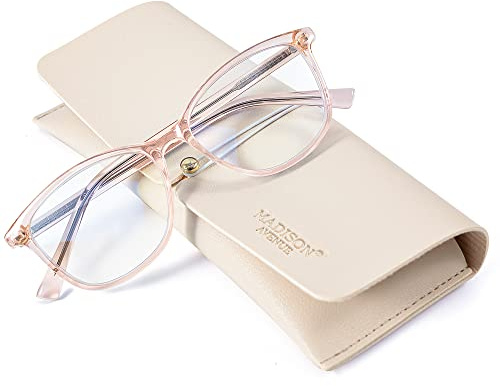 Madison Avenue Square Vintage TR90 Blue Light Blocking Reading Glasses for Women with Case, Anti Glare/Eyestrain Computer Readers Transparent Brown 1.0