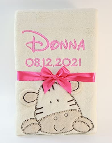 BotoBaby® - Babydecke mit Namen und Geburtsdatum - Geschenk Taufe Geburt ★ (Beige - Zebra)