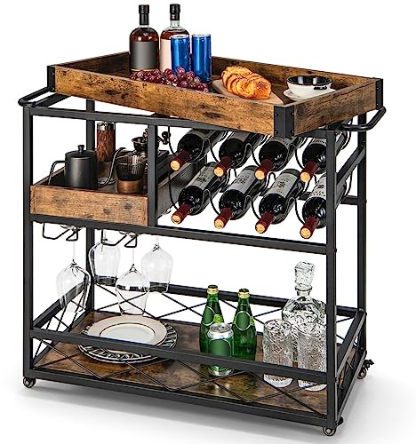 COSTWAY Serving Trolley on Wheels, 3-Tier Rolling Bar Cart with Removable Tray, Wine Rack & Glass Holder, Industrial Drinks Storage Trolley for Home Kitchen (with Removable Top Tray, 80x40x83cm)