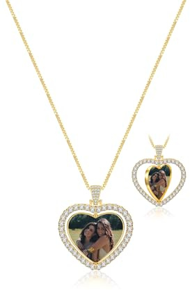 JSDDE Personalisiert Kette mit Fotogravur Rund Herz Drehbar Anhänger mit Zirkonia Personalisierte Geschenke für Damen Herren Freundin Partner, Gold/Silber