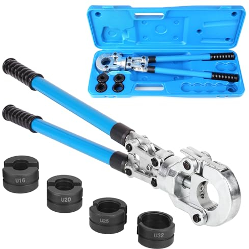 Pinza per Serra Multistrato, Pressatrice Tubi Multistrato, Crimpatrice Multistrato, 4 Matrici U 16-20-25-32 mm, con Testa Girevole a 360°, Maniglia Retrattile, per Tubo PEX, Tubo Composito