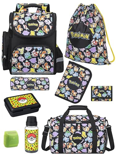 Familando Pokémon - Zaino per la scuola di 1° grado, ergonomico, per ragazzi e ragazze, con motivo Pikachu, multicolore, 9 pezzi con set da pranzo e borsa sportiva