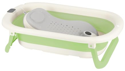 Babybadkar med kudde, nytt vikbart babybadkar med digital termometer, för 0 till 24 månader spädbarn (E-45 x 72 x 17 cm/grön)